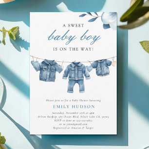 Blue Jean Denim Clothes Boy Baby shower Kaart