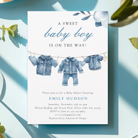 Blue Jean Denim Clothes Boy Baby shower Kaart