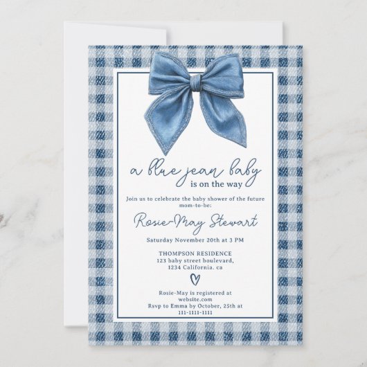 Blue Jean Denim Coquette Bow Gingham Baby shower Kaart (Voorkant)
