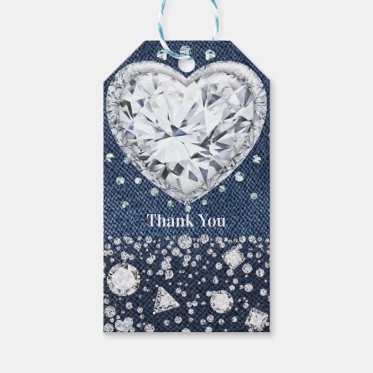 Blue Jean Denim & Diamonds Bling Diamond Heart Cadeaulabel (Voorkant)