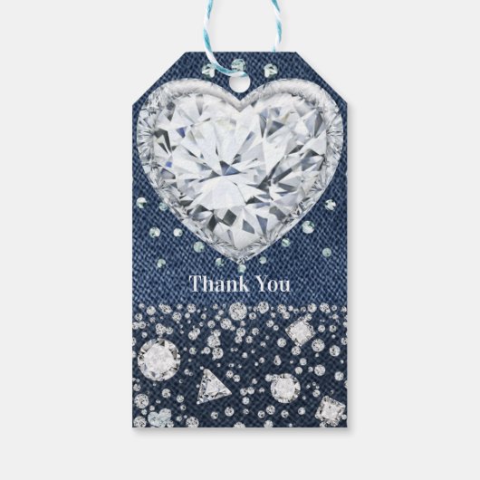 Blue Jean Denim & Diamonds Bling Diamond Heart Cadeaulabel (Achterkant)