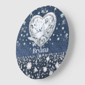 Blue Jean Denim & Diamonds Bling Diamond Heart Grote Klok (Hoek)