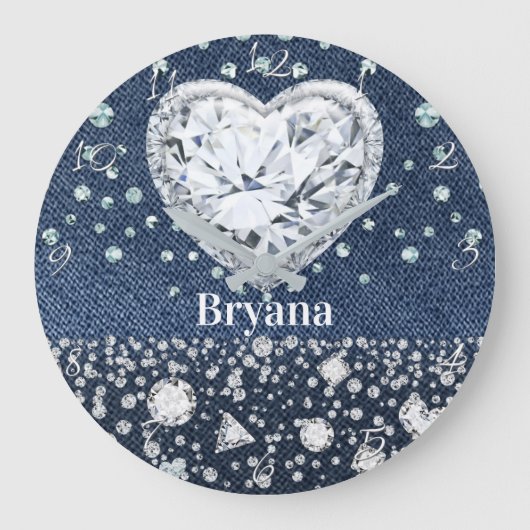Blue Jean Denim & Diamonds Bling Diamond Heart Grote Klok (Voorkant)