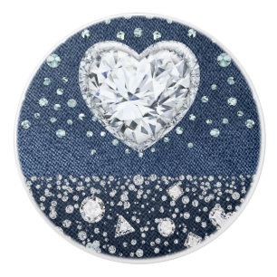 Blue Jean Denim & Diamonds Bling Diamond Heart Keramische Knop