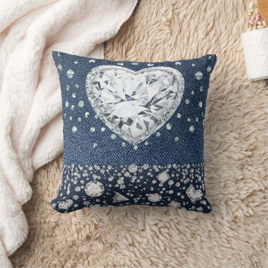 Blue Jean Denim & Diamonds Bling Diamond Heart Kussen (Deken)