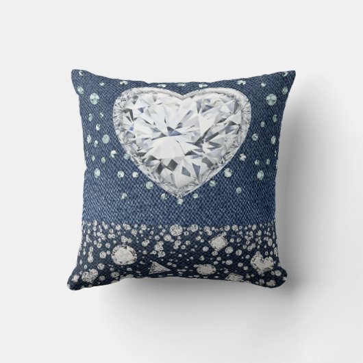 Blue Jean Denim & Diamonds Bling Diamond Heart Kussen (Achterkant)