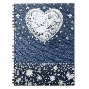 Blue Jean Denim & Diamonds Bling Diamond Heart Notitieboek