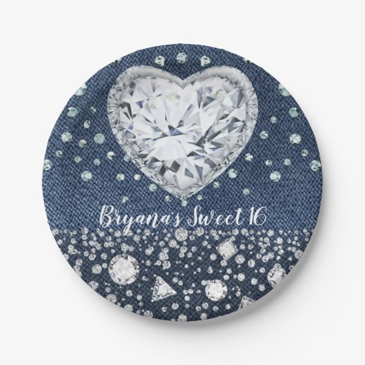 Blue Jean Denim & Diamonds Bling Diamond Heart Papieren Bordje (Voorkant)