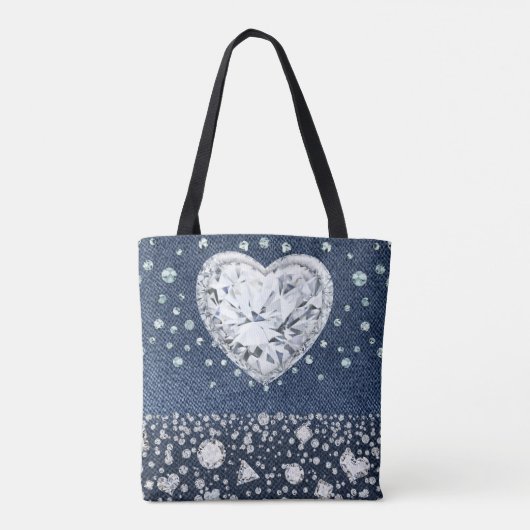 Blue Jean Denim & Diamonds Bling Diamond Heart Tote Bag (Achterkant)