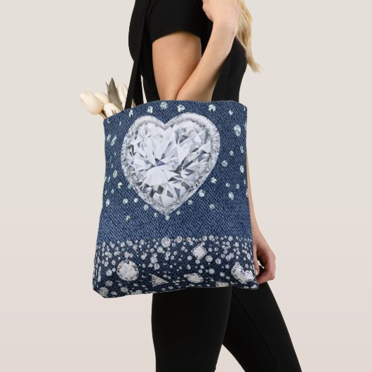 Blue Jean Denim & Diamonds Bling Diamond Heart Tote Bag (Dichtbij)