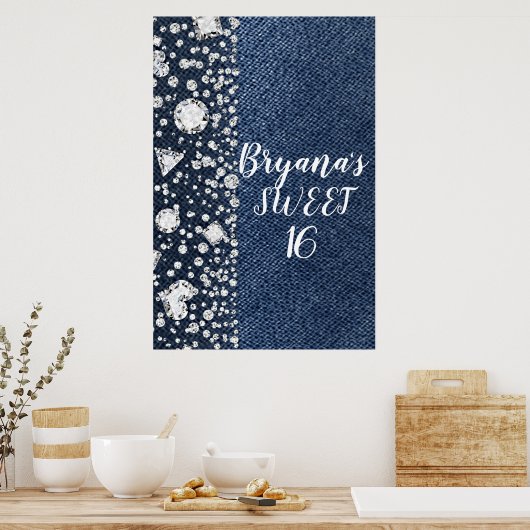 Blue Jean Denim & Diamonds Bling Diamond Party Poster (Keuken)