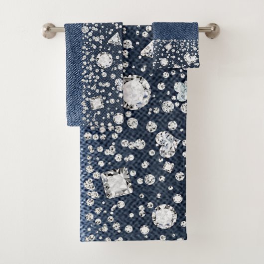 Blue Jean Denim Diamonds Glam Trendy Diamond Bling Bad Handdoek (Insitu)