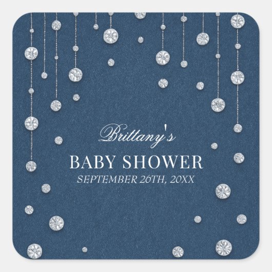 Blue Jean Denim en Diamond Baby shower Vierkante Sticker (Voorkant)