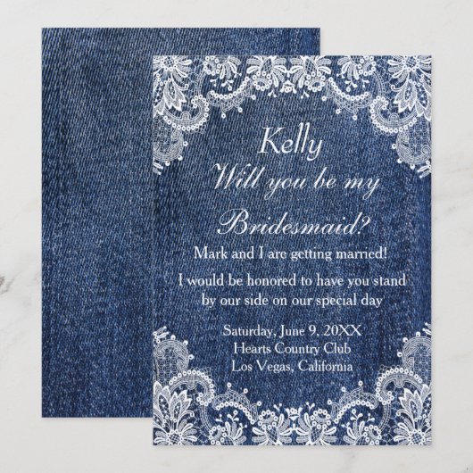 Blue Jean Denim en Lace Bridesmaid Kaart (Voorkant / Achterkant)