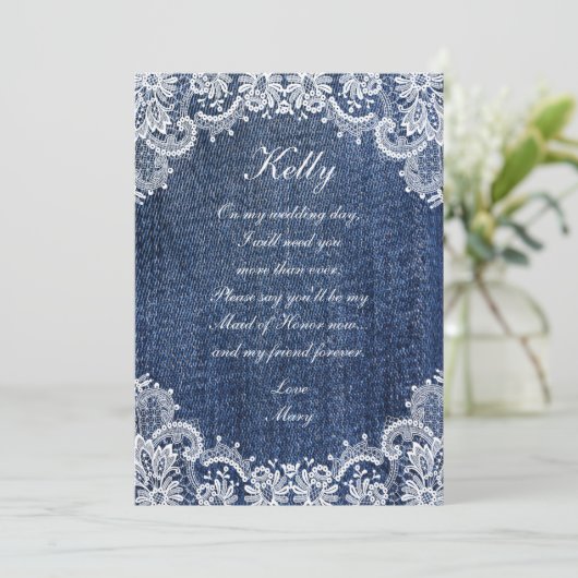Blue Jean Denim en Lace Maid of Honor Kaart (Staand voorkant)