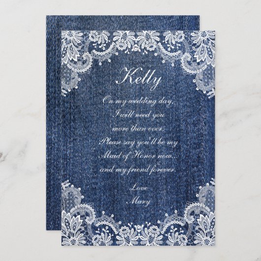 Blue Jean Denim en Lace Maid of Honor Kaart (Voorkant / Achterkant)