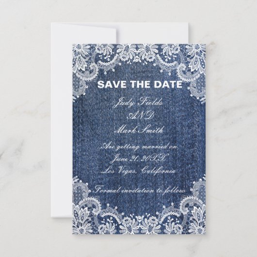 Blue Jean Denim en Lace Save the Date Aankondiging (Voorkant)