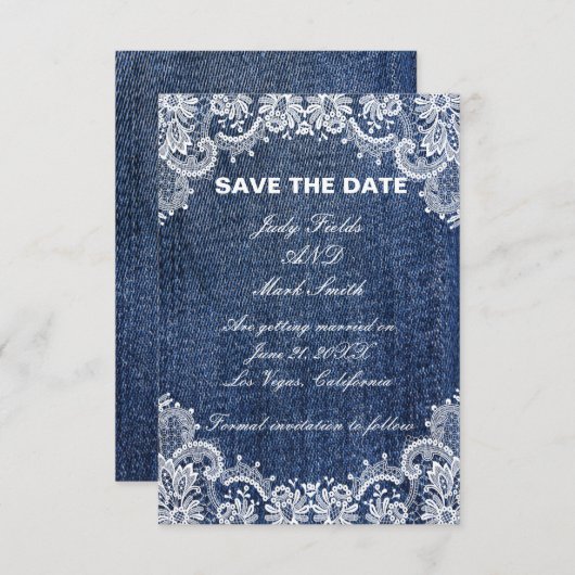 Blue Jean Denim en Lace Save the Date Aankondiging (Voorkant / Achterkant)