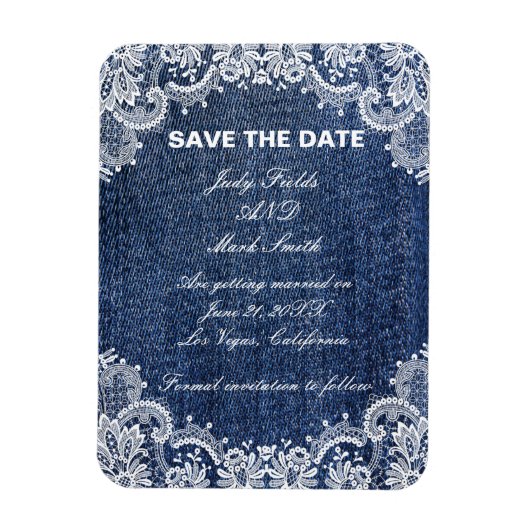 Blue Jean Denim en Lace Save the Date Magneet (Verticaal)