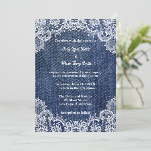 Blue Jean Denim en Lace Wedding Kaart (Staand voorkant)