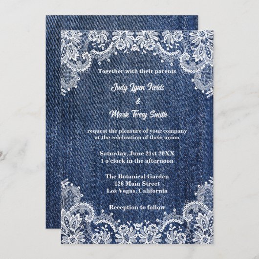 Blue Jean Denim en Lace Wedding Kaart (Voorkant / Achterkant)
