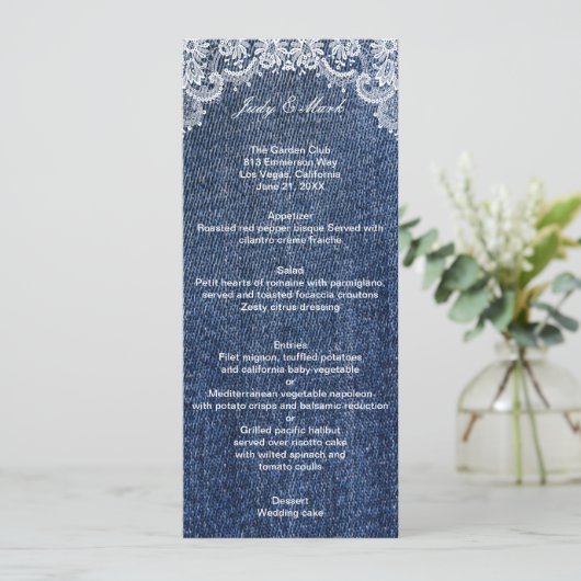Blue Jean Denim en Lace Wedding Menu Kaart (Staand voorkant)
