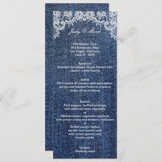 Blue Jean Denim en Lace Wedding Menu Kaart (Voorkant / Achterkant)