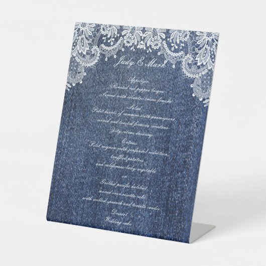 Blue Jean Denim en Lace Wedding Menu Reclamebord Met Voetstuk (Voorkant)