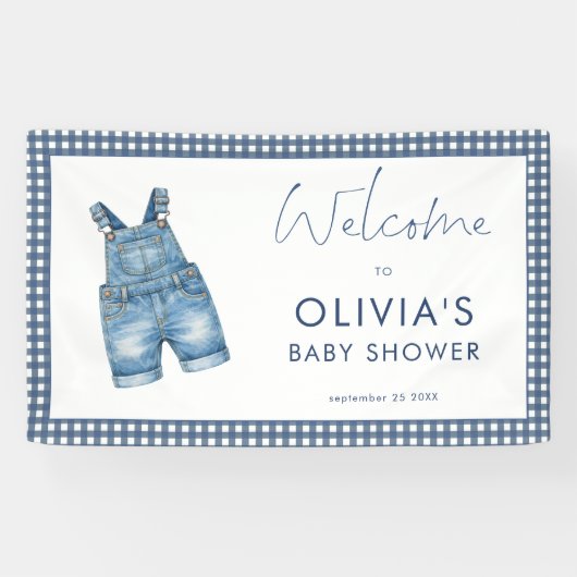 Blue Jean Denim Gingham Boy Welcome Baby Shower  Spandoek (Horizontaal)