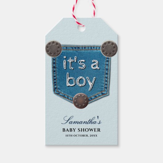 Blue Jean Denim Het is een Boy Baby shower Cadeaulabel (Voorkant)