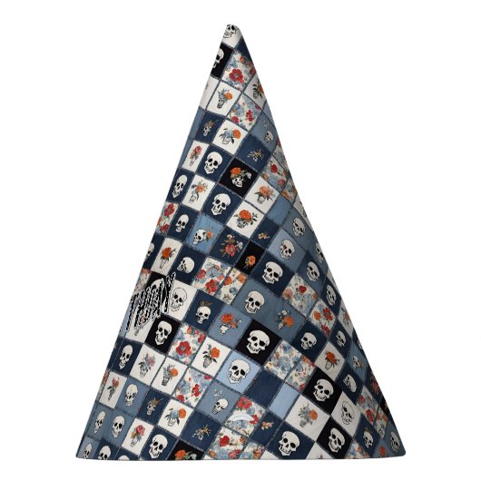 Blue Jean Denim Patchwork Skulls And Florals Feesthoedjes (Rechts)