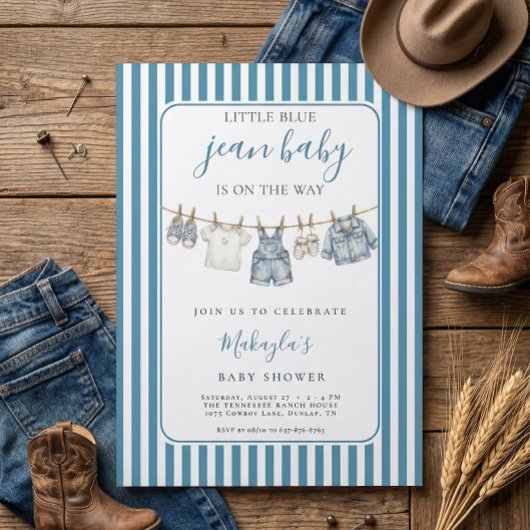 Blue Jean Denim Rustic Boy Baby Shower Invitation Kaart
