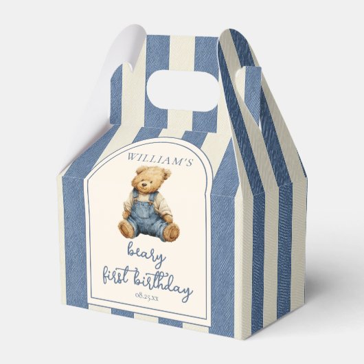 Blue Jean Denim Teddy Bear 1st Birthday Bedankdoosjes (Voorkant Zijde)