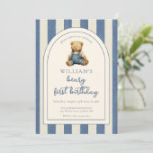 Blue Jean Denim Teddy Bear 1st Birthday Kaart (Staand voorkant)