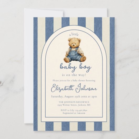Blue Jean Denim Teddy Bear Boy Baby Shower Kaart (Voorkant)