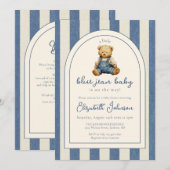 Blue Jean Denim Teddy Bear QR Code Baby Shower Kaart (Voorkant / Achterkant)