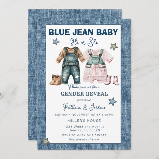 Blue Jean Gender Reveal, He or She Kaart (Voorkant / Achterkant)