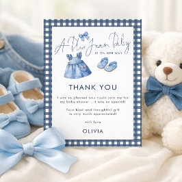 Blue Jean Gingham Thank You Girl Baby Shower Kaart