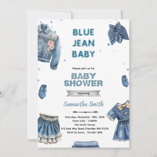 Blue jean girl baby shower invitation kaart (Voorkant)