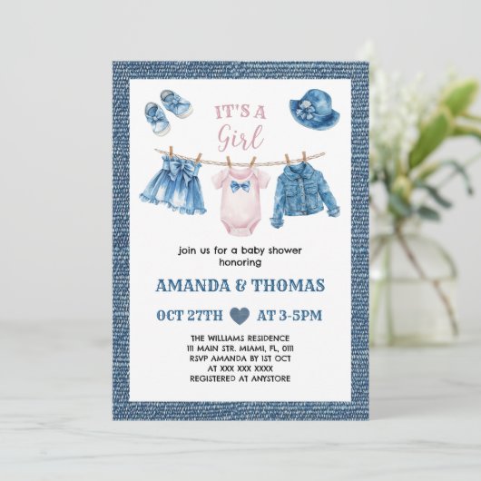 Blue Jean Girl Baby shower Kaart (Staand voorkant)