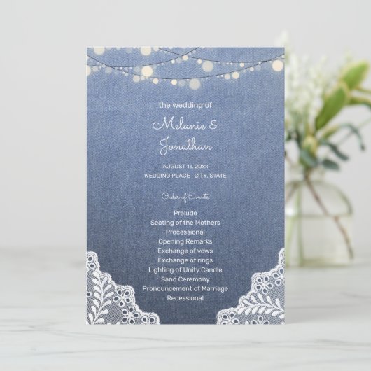 Blue Jean, Lace String Lights Ceremony Program Kaart (Staand voorkant)