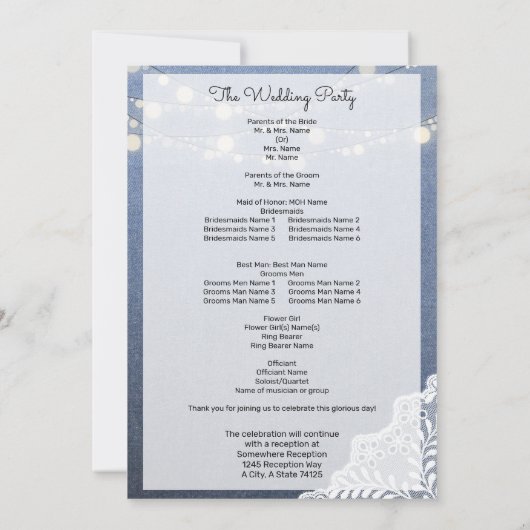 Blue Jean, Lace String Lights Ceremony Program Kaart (Achterkant)