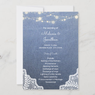 Blue Jean, Lace String Lights Ceremony Program Kaart