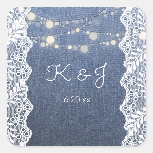 Blue Jean Lace & String Lights Monogram Vierkante Sticker (Voorkant)
