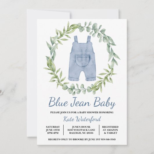 Blue Jean Overall Denim Baby shower Uitnodiging (Voorkant)