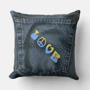 Blue Jean Pocket Peace and Love Pillow Kussen