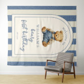 Blue Jean Teddy Bear 1st Birthday Photo Backdrop Wandkleed (In Situ (horizontaal))
