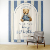 Blue Jean Teddy Bear 1st Birthday Photo Backdrop Wandkleed (In situ)