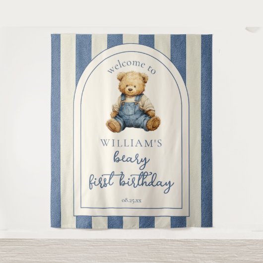 Blue Jean Teddy Bear 1st Birthday Photo Backdrop Wandkleed (Voorkant)