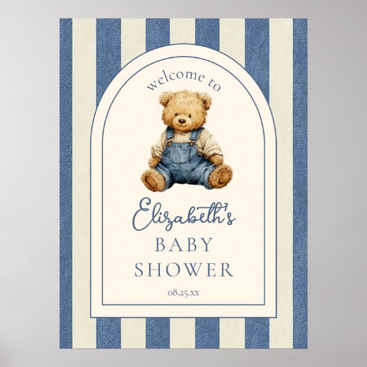 Blue Jean Teddy Bear Baby Shower Welcome Sign Poster (Voorkant)